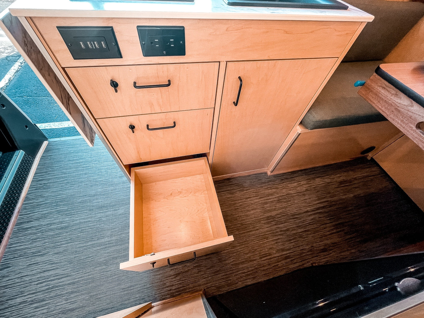 embodying a beach getaway.|Inside this modern rv rental