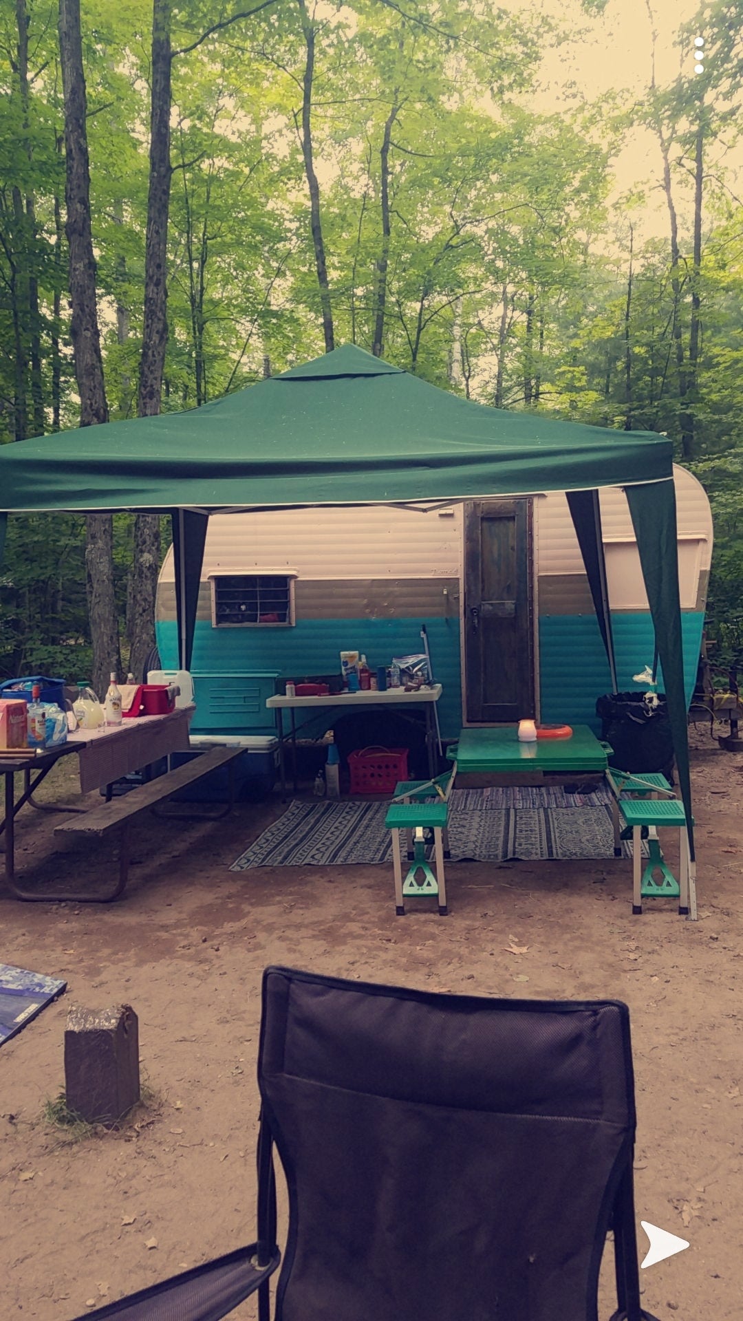 Cozy campsite with a retro RV rental under a green canopy amidst lush trees, perfect for outdoor adventures.