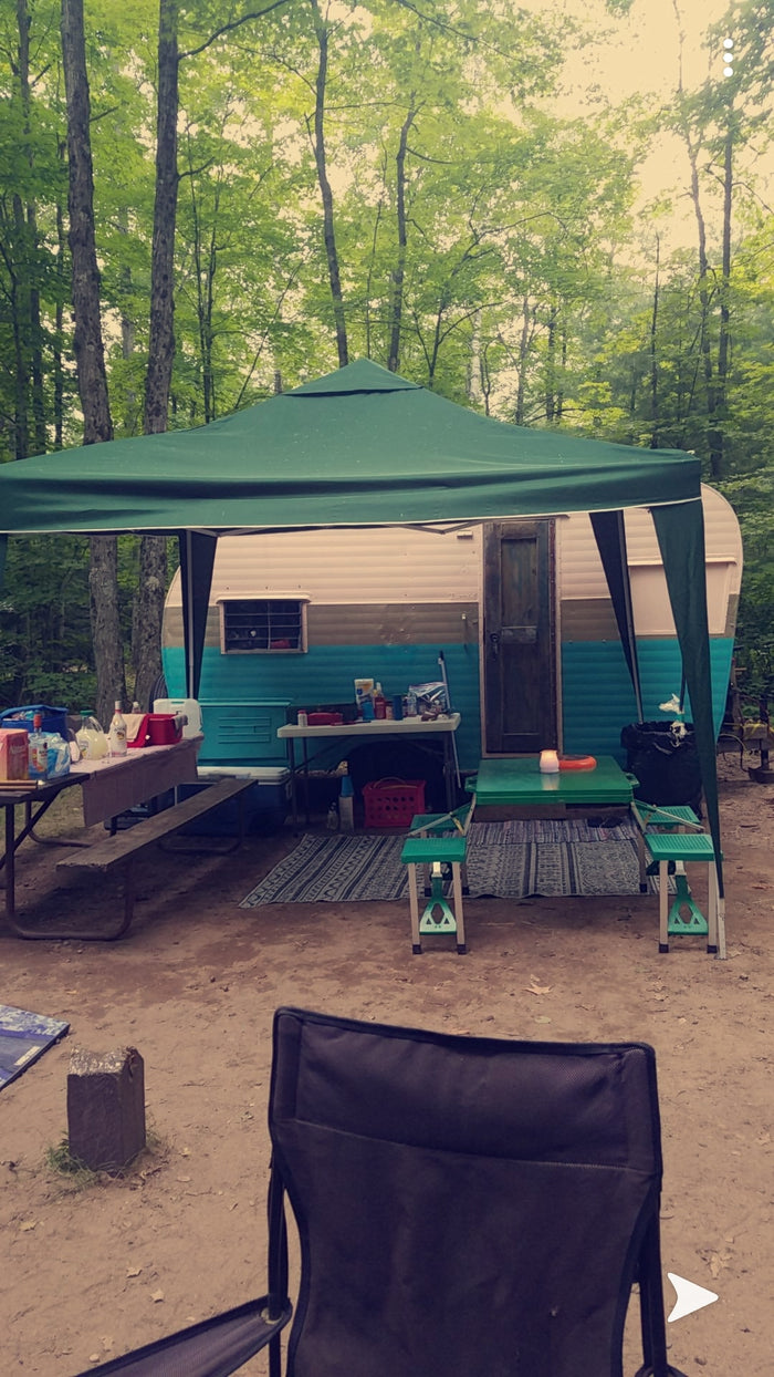 Cozy campsite with a retro RV rental under a green canopy amidst lush trees, perfect for outdoor adventures.
