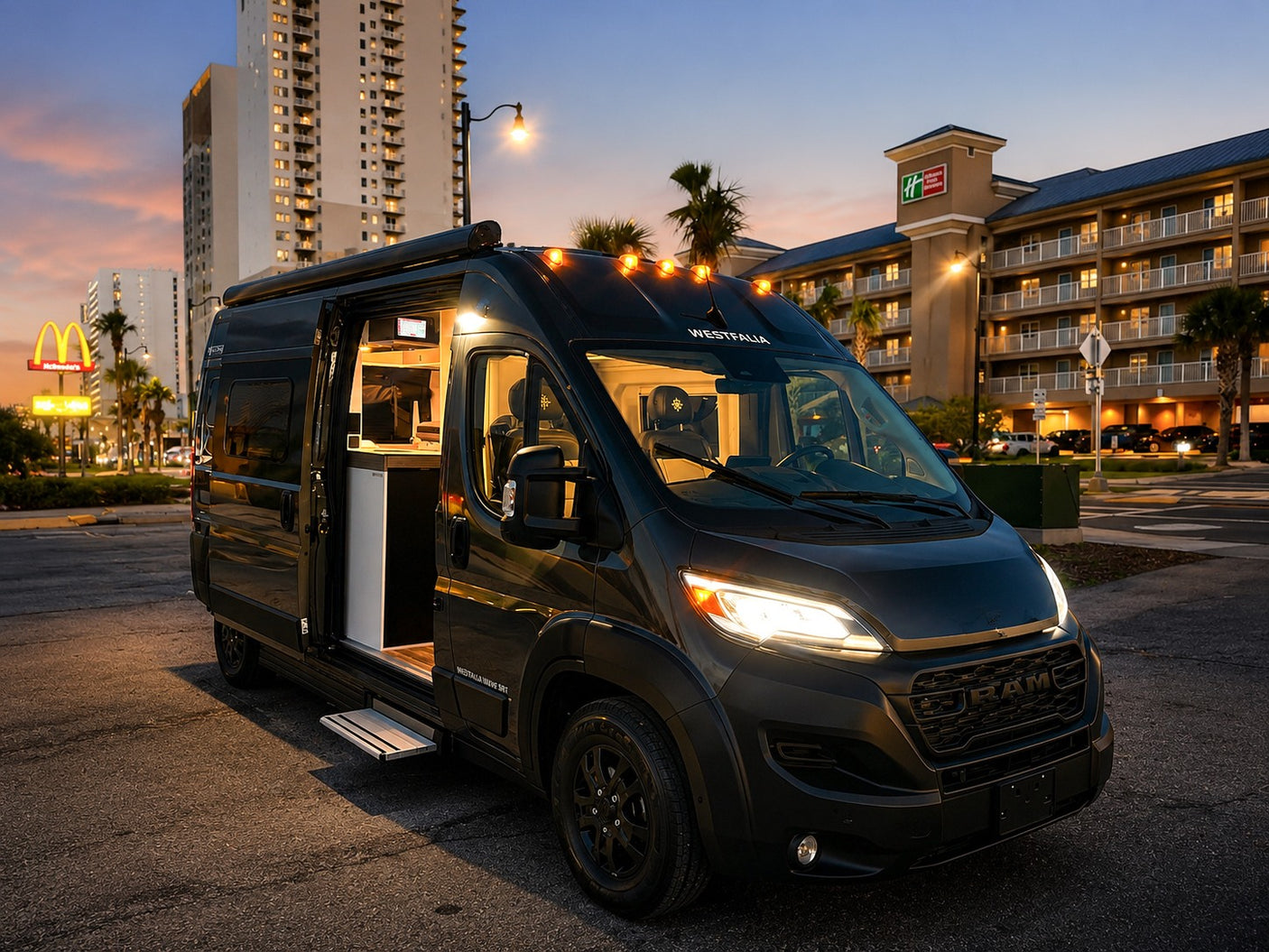 A sleek, dark Westfalia camper van, perfect for rv rental trips, glows at dusk with interior lights and open side door, parked near hotels.