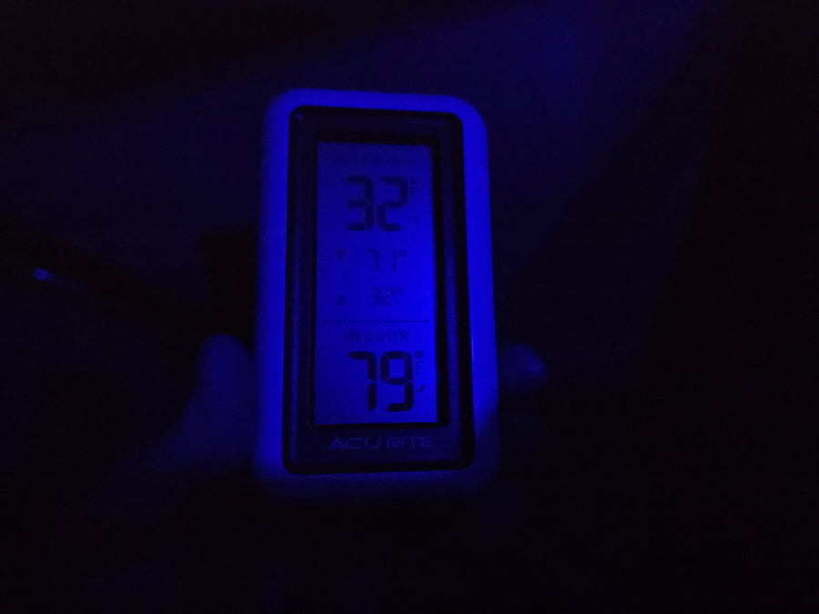 This RV rental's thermometer glows blue, showing 32°F outside and a warm 79°F inside. Cozy comfort on the road.