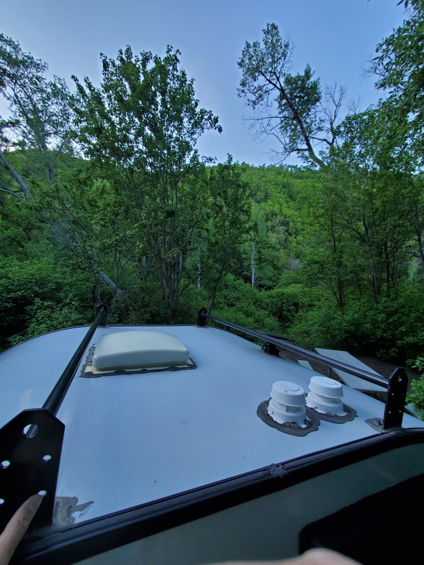 RV rental parked in a vibrant forest. View from the roof shows trees, sky, roof racks, and vents for ventilation.
