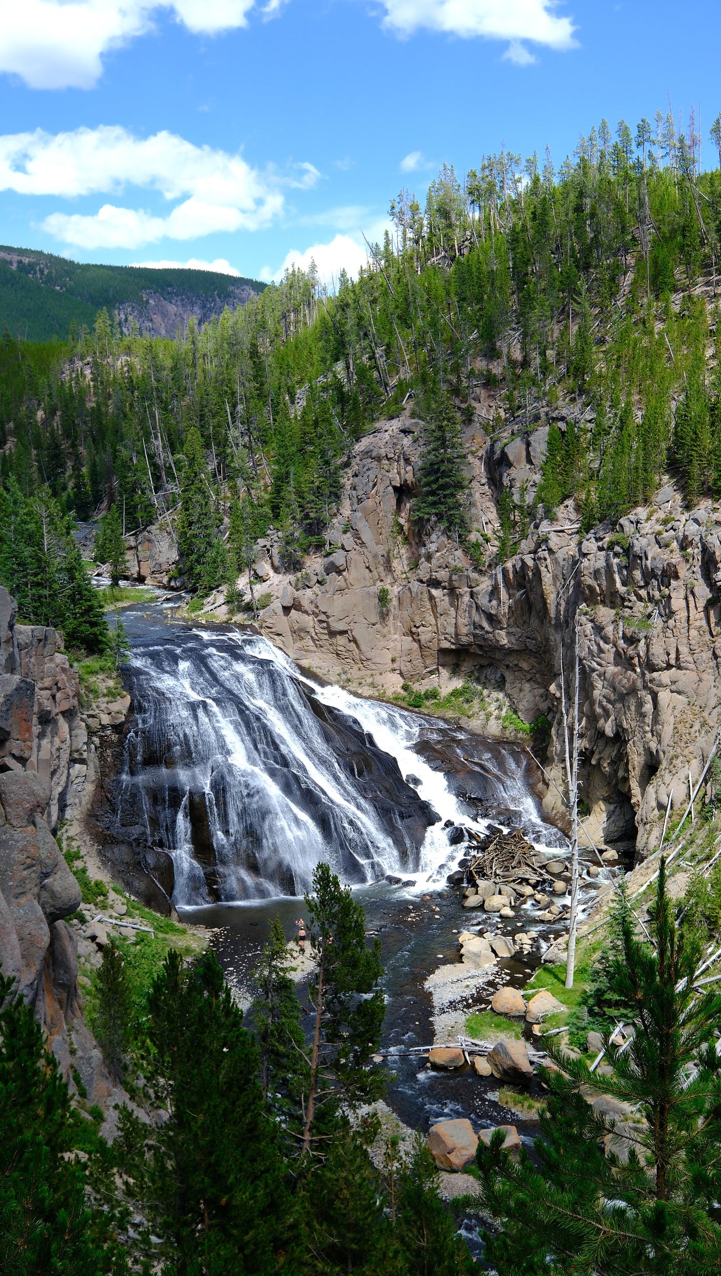 Explore breathtaking nature via RV rental: a powerful, tiered waterfall cascades into a river, framed by rocky canyon walls and pine forests.