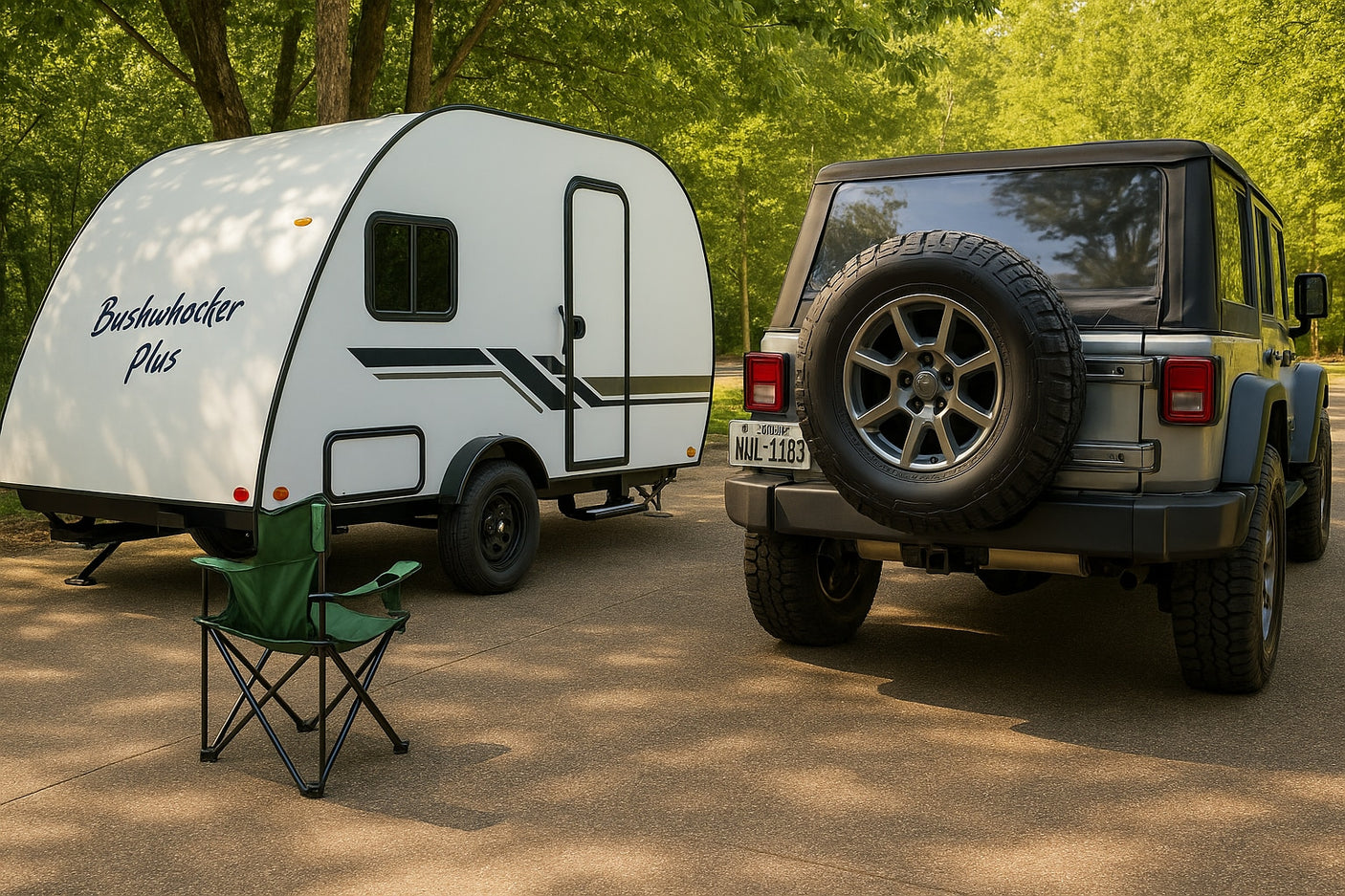 Jeep and Bushwhacker Plus teardrop RV rental, ready for adventure camping. A green chair sits nearby outdoors.
