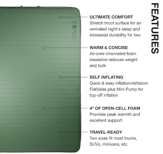 Exped's green self-inflating camping mattress offers comfort & warmth, ideal for an RV rental adventure.