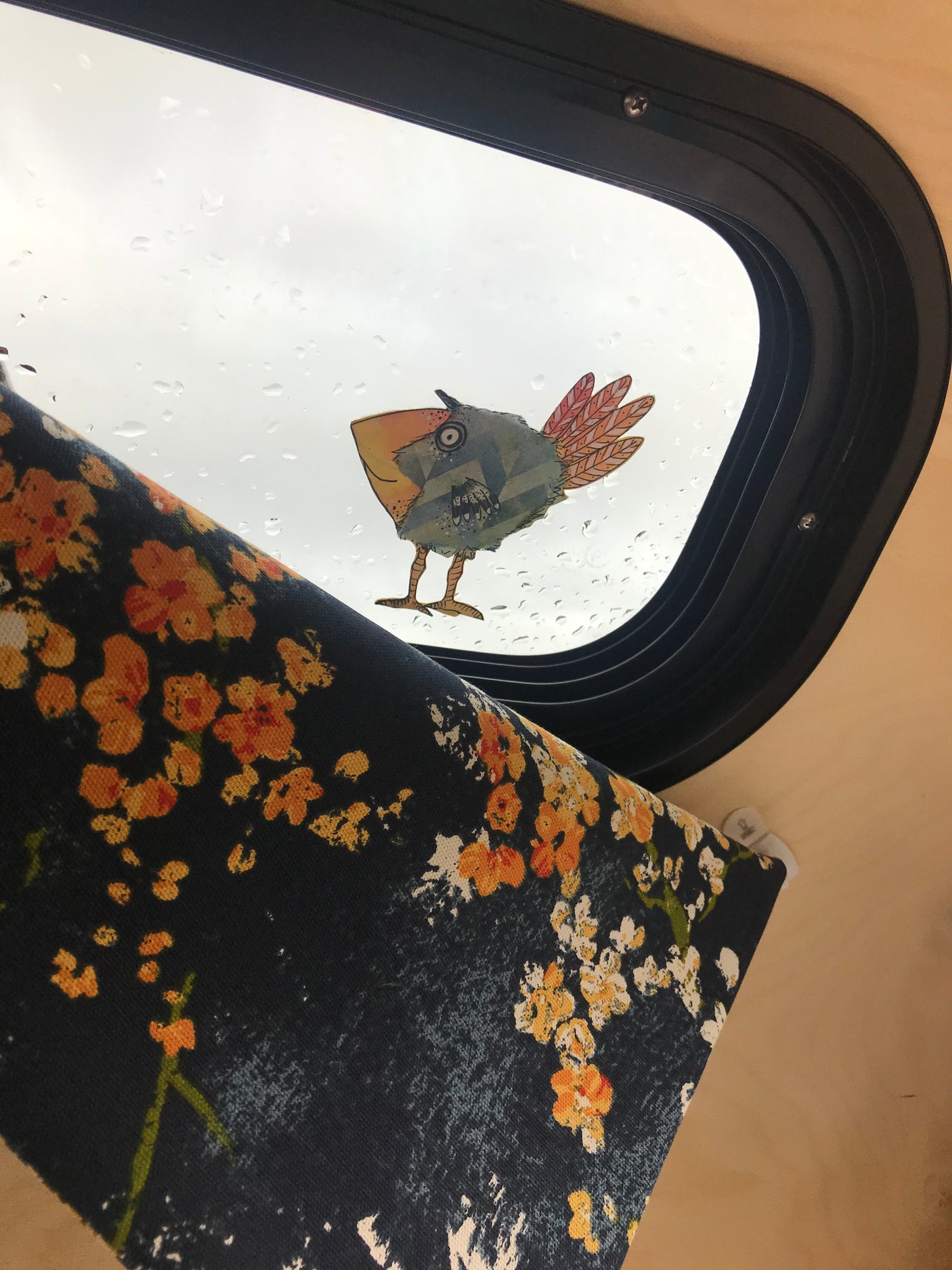 Cozy RV rental interior with a whimsical bird on the rainy window and a floral curtain.