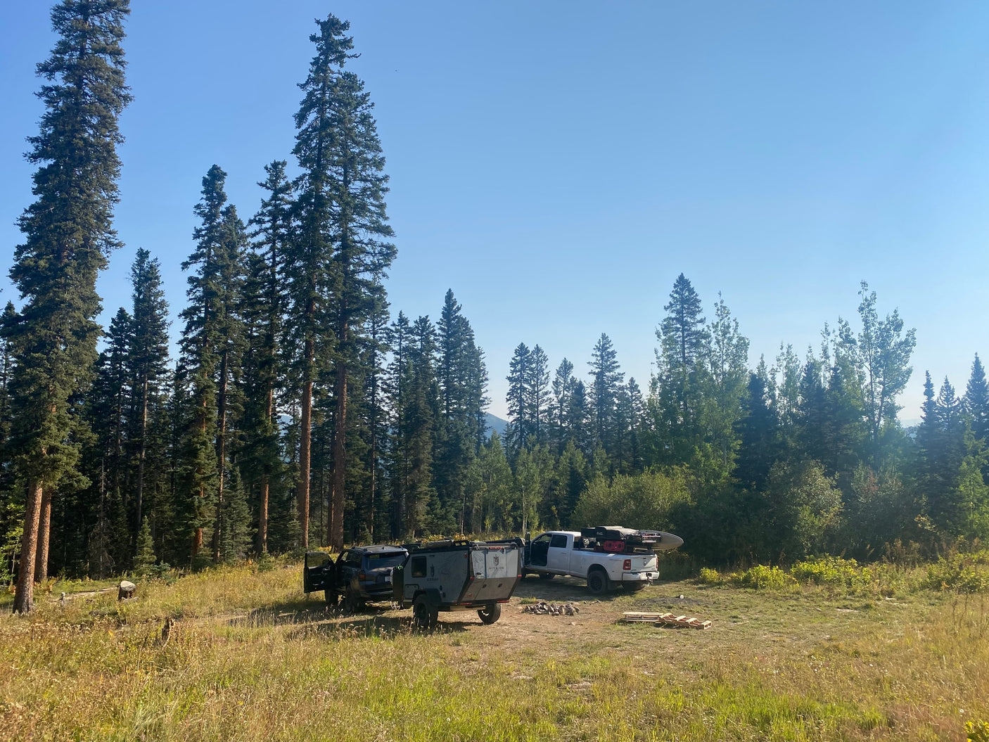 A sunlit forest campsite features an RV rental expedition trailer, SUV, and pickup for rugged outdoor adventures.