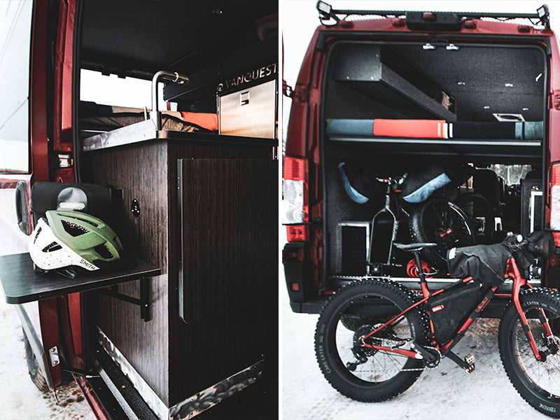 Explore with an RV rental: Van interior with sink, helmets, & spacious rear storage for bikes. Ready for winter adventures!