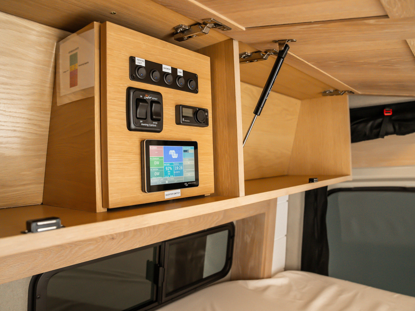 RV rental control panel: awning, shower, sink switches, and a Victron Energy system display for battery and water levels.