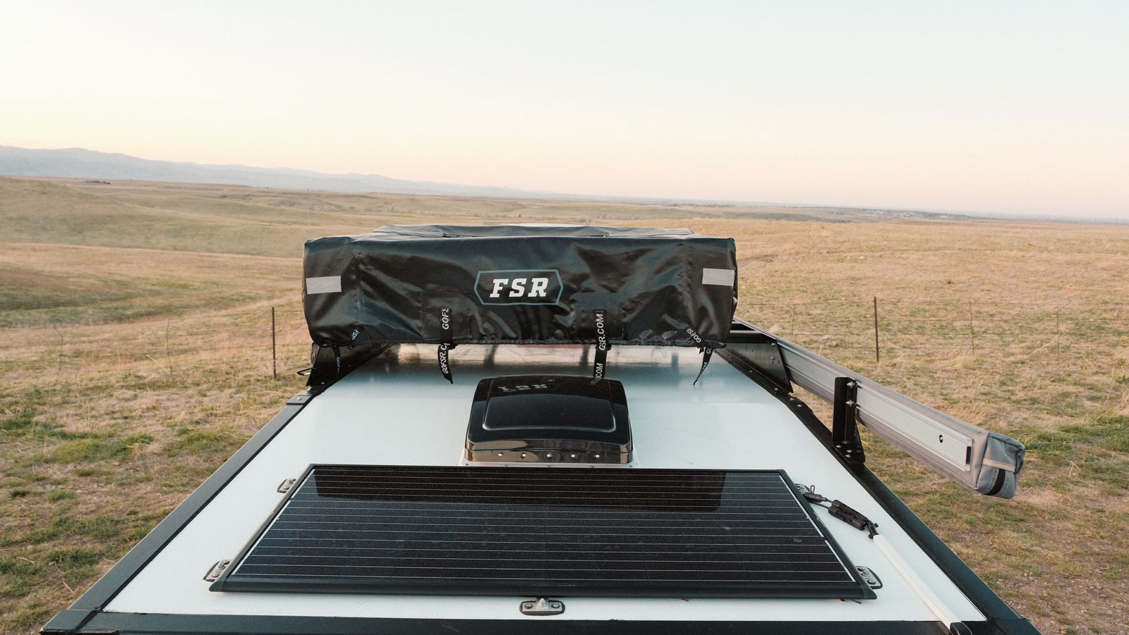 ideal for your next RV rental adventure. Ready for remote camping.|Overhead view of an RV rental: FSR roof tent