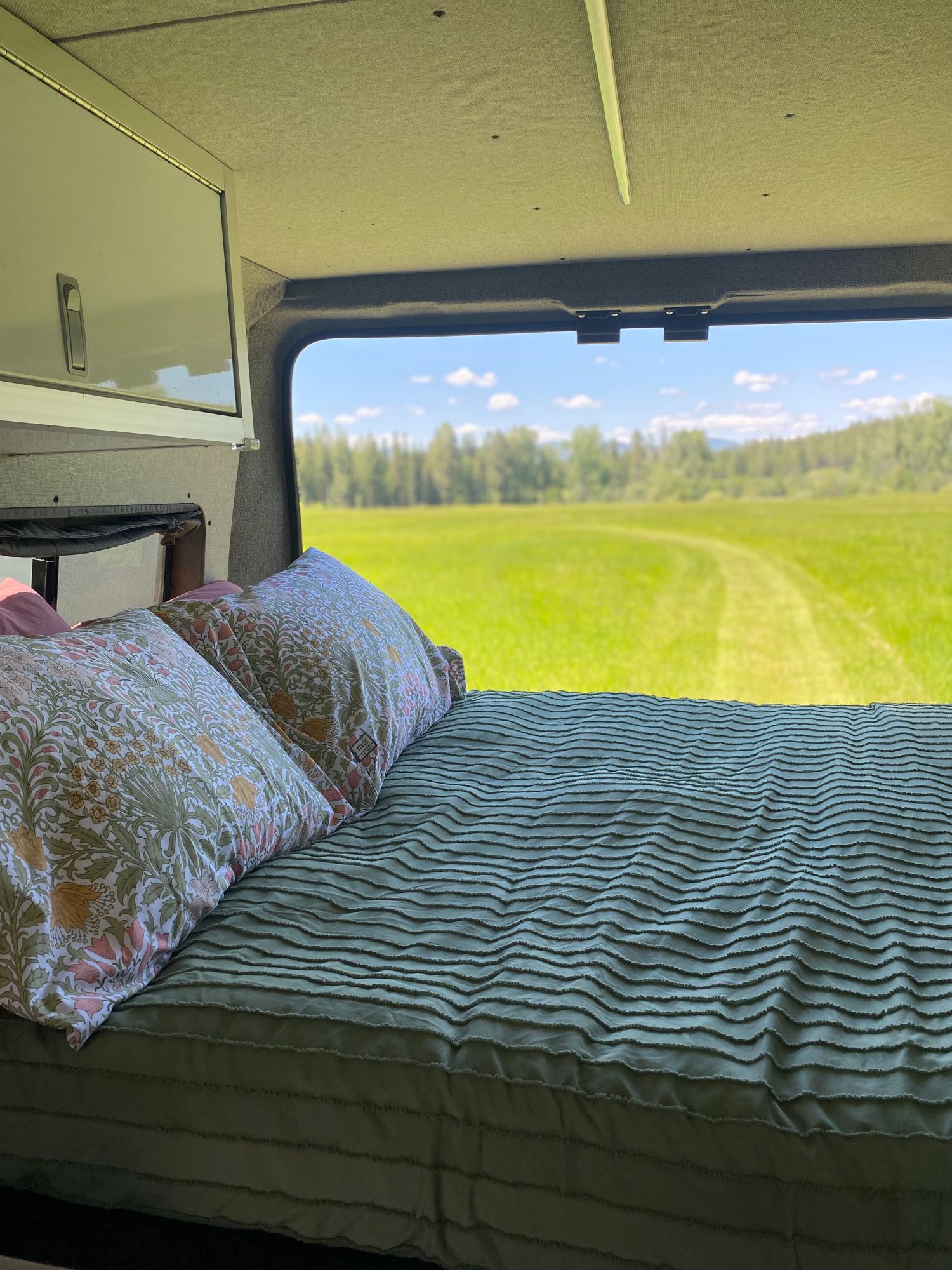 RV rental: interior bed with floral pillows, offering a window view of a vast, bright green field.
