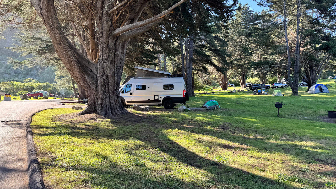An RV rental camper van with a pop-top is parked at a scenic campground under tall, ancient-looking trees, surrounded by other campers.