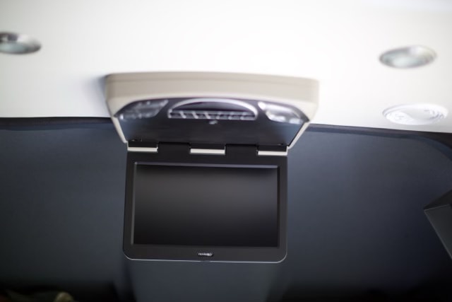 Enhance your journey in an RV rental with this convenient flip-down ceiling monitor and integrated overhead lighting.