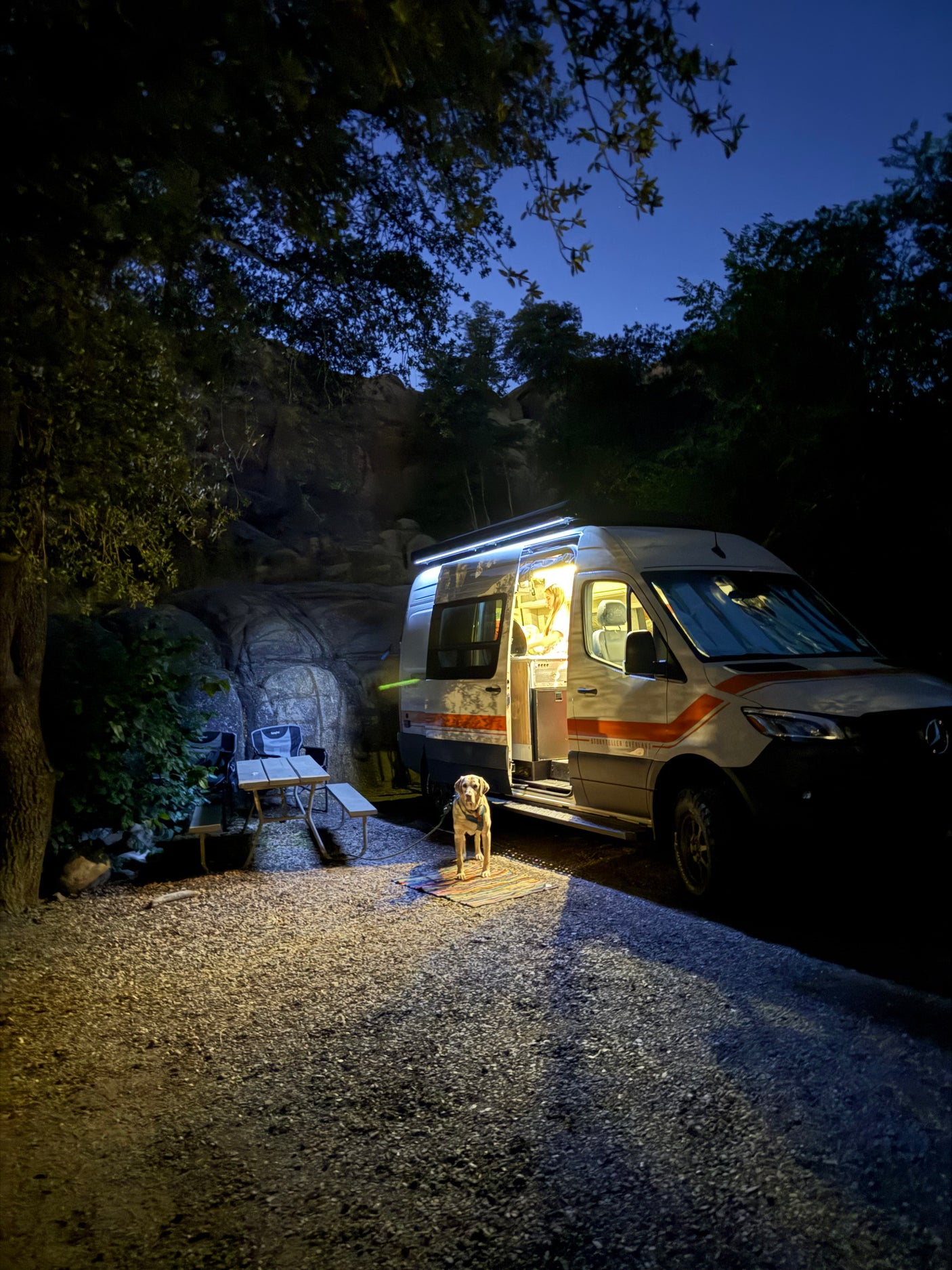 Nighttime RV rental: A dog waits by the glowing camper at a scenic site, while someone prepares food inside.
