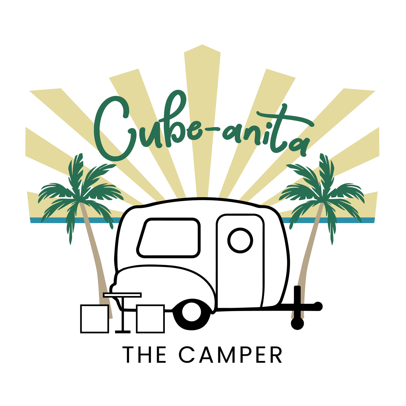 Cube-anita RV rental logo: Features a classic camper, palm trees, sun rays & ocean, perfect for a tropical getaway.