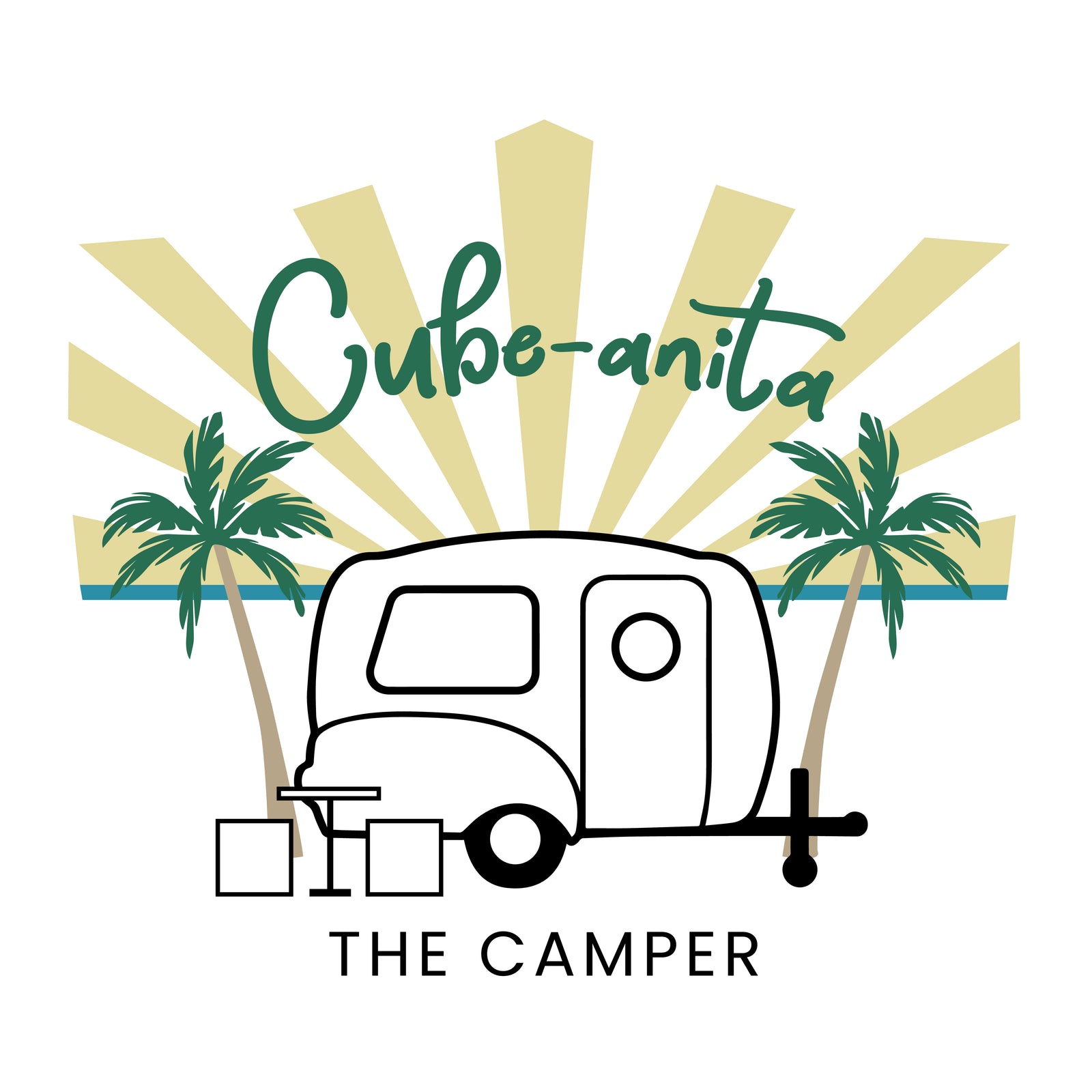 Cube-anita RV rental logo: Features a classic camper, palm trees, sun rays & ocean, perfect for a tropical getaway.