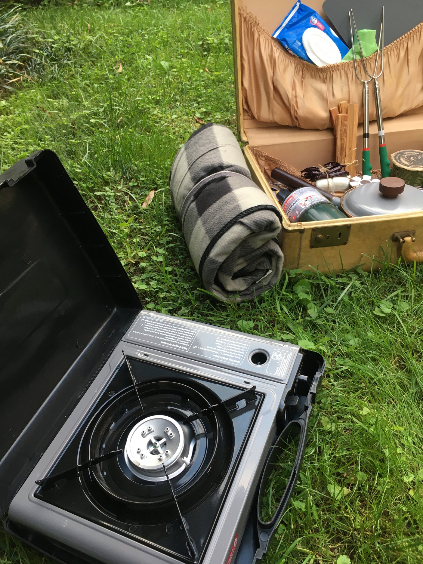 RV rental prep: Portable stove, plaid blanket, and open picnic kit with cooking essentials on grass for outdoor adventures.