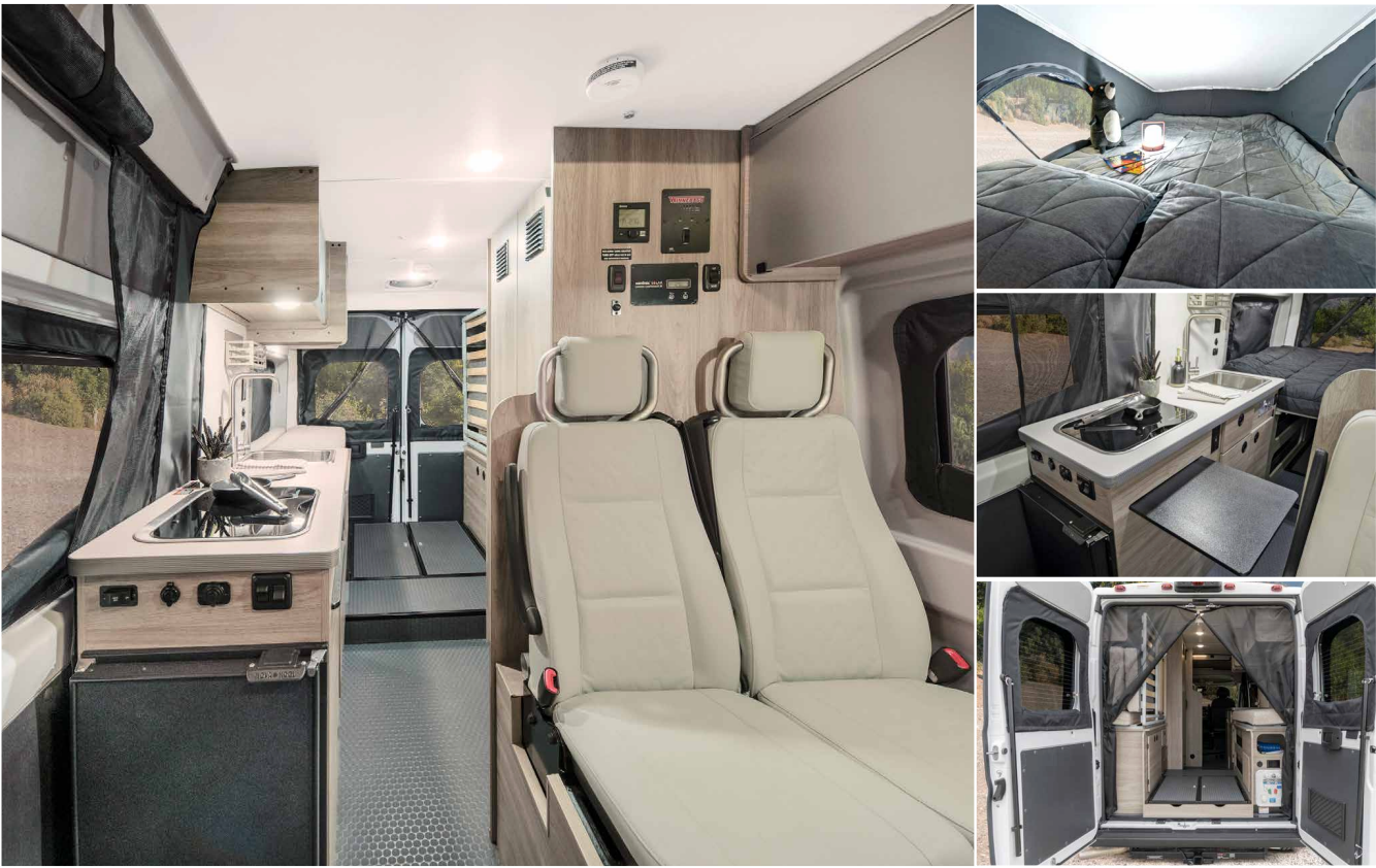 Spacious RV rental interior: kitchen, seating, and multiple sleeping areas, including a pop-top bed.