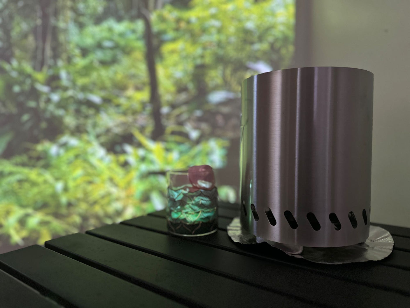 RV rental indoor scene: Portable stove, patterned glass on table, with a blurred forest projected for ambiance.
