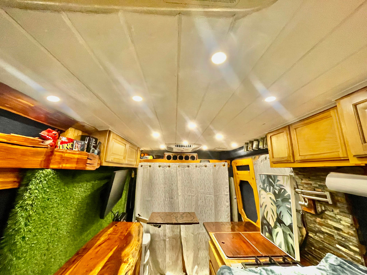 Cozy rv rental interior featuring a wooden ceiling with recessed lights, storage cabinets, and a unique artificial grass wall. — photo 14