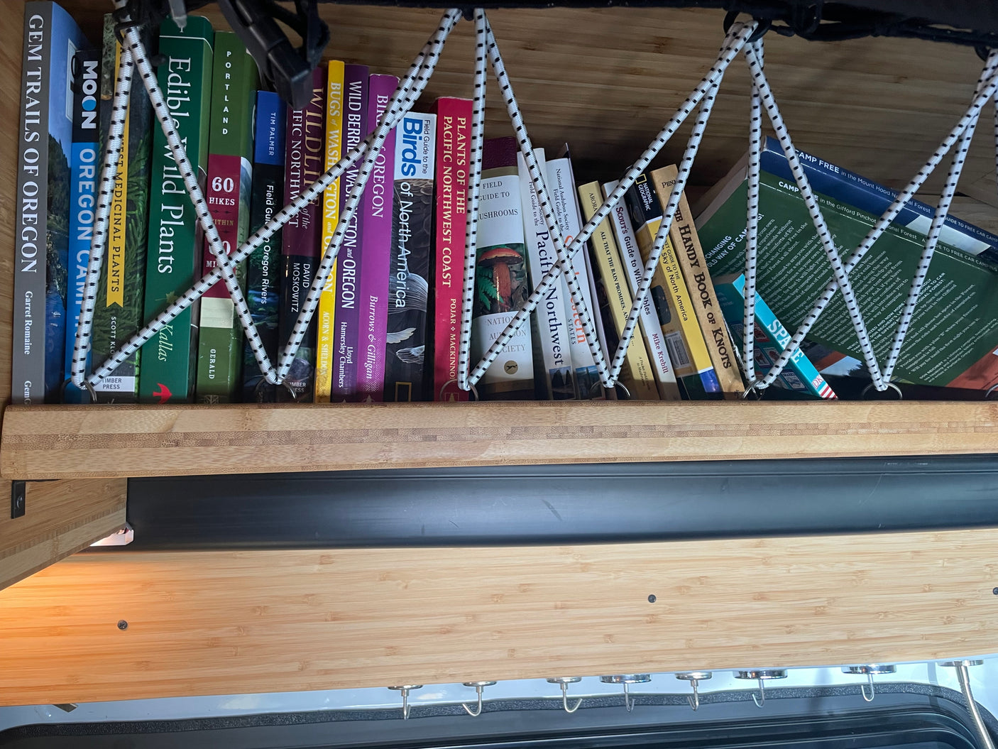 RV rental bookshelf filled with nature, hiking, and travel field guides, secured by bungee cords.