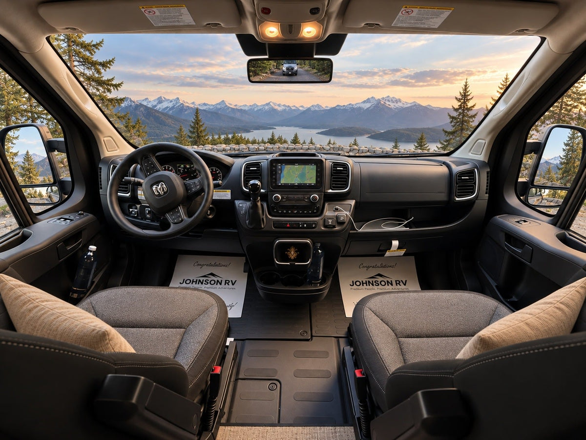 with a glowing campfire.|RV rental cockpit offers a breathtaking view of mountains and a lake through the windshield — photo 4