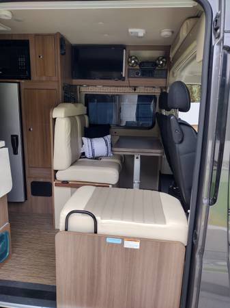 microwave. Ideal for travel comfort.|Inside this compact RV rental: a kitchen area