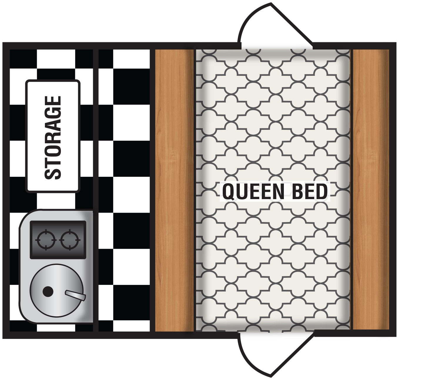 RV rental floor plan: compact interior with queen bed, storage, and checkerboard utility area.