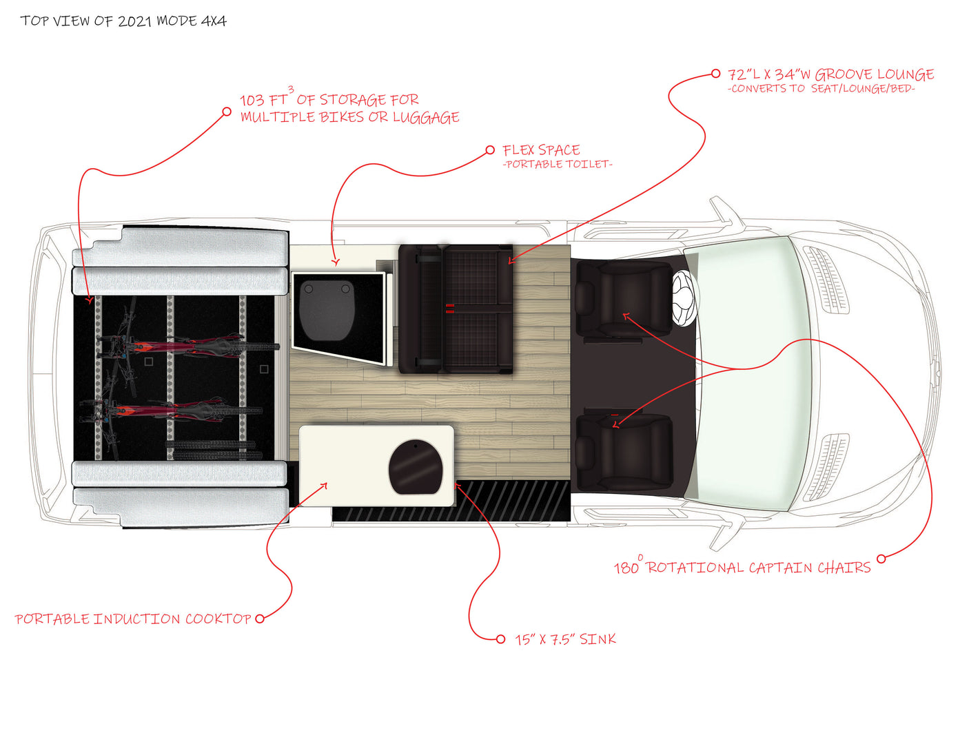 Floor plan of a 2021 Mode 4x4 rv rental camper van, detailing versatile storage, convertible lounge & kitchen area.