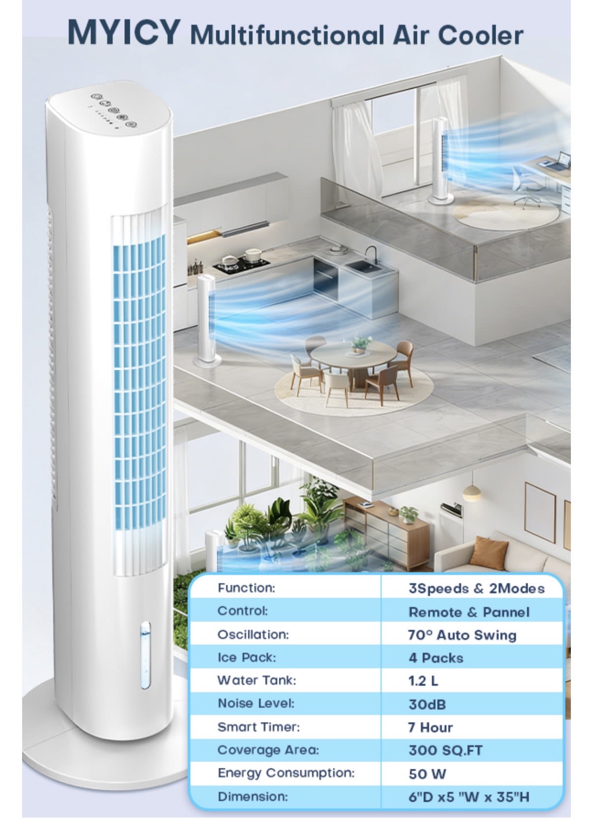 MYICY Multifunctional Air Cooler, ideal for home or an RV rental, highlighted with key specs like 70° auto swing & 30dB low noise for cool comfort.