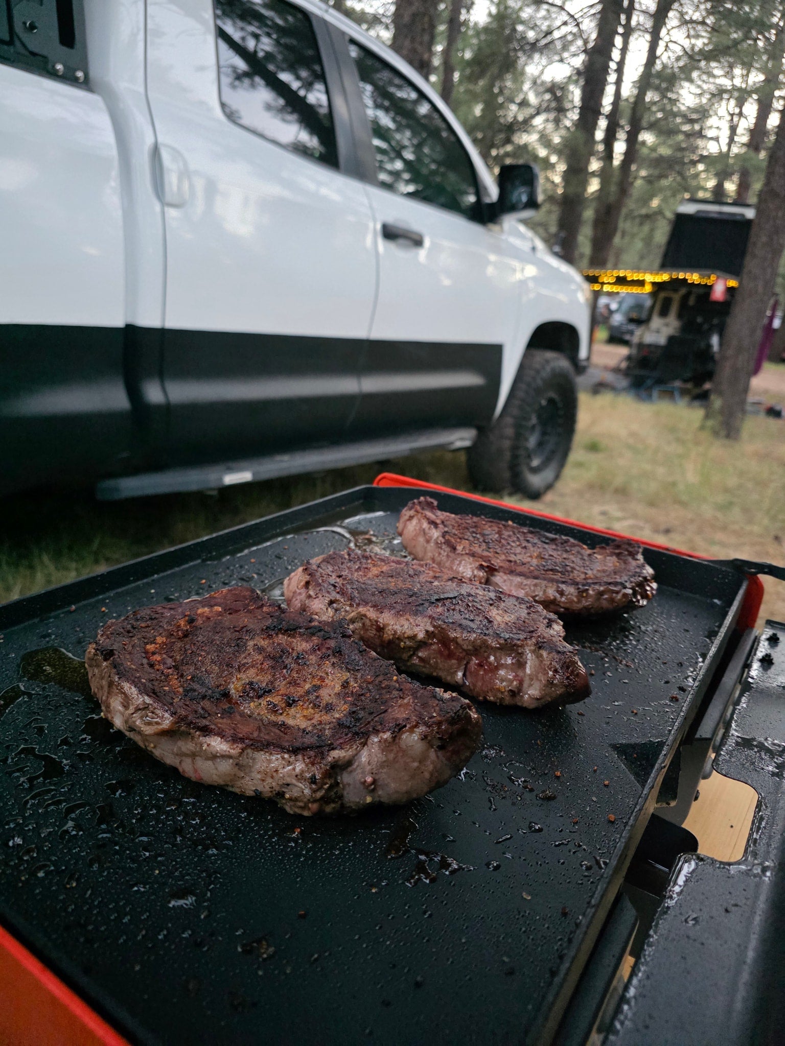 and Yeti mugs.|This RV rental features an outdoor kitchen with a two-burner stove