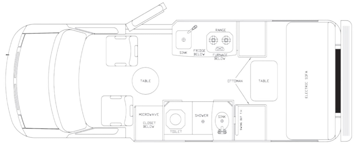 Top-down floor plan of an RV rental, showing a functional layout with kitchen, bathroom, dining, and electric sofa.