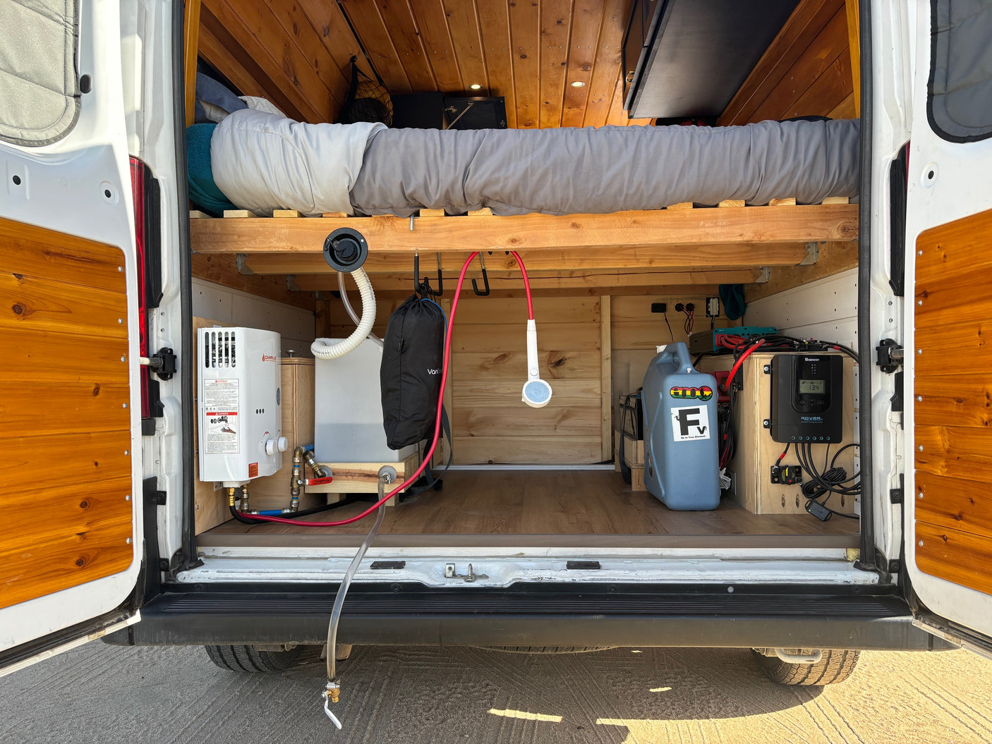 RV rental's back utility area with Camplux water heater, water storage, shower, and Renogy solar system for off-grid living.