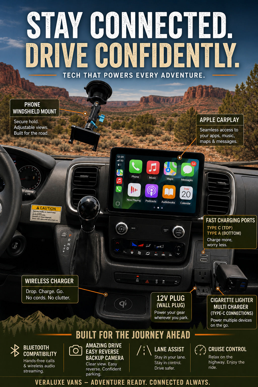 This RV rental dashboard is equipped with Apple CarPlay, wireless charging, and safety features for connected, confident adventures.