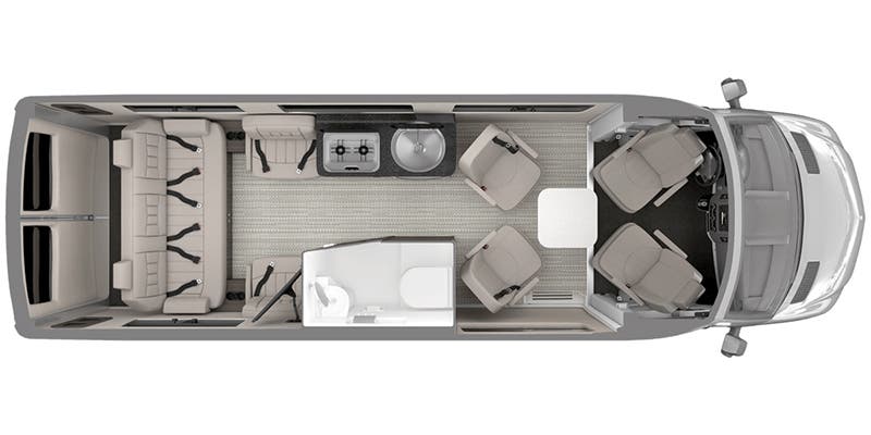 RV rental: Overhead view of an RV interior, featuring a kitchen, bath, and convertible seating/beds.
