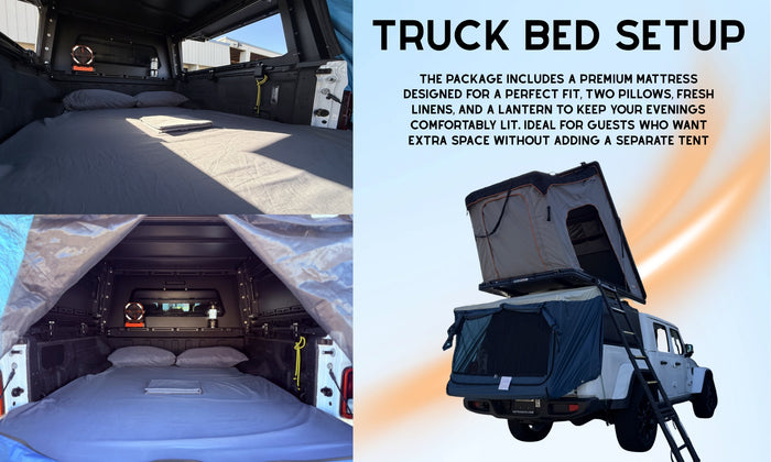 RV rental: Enjoy comfortable truck bed camping with included mattress, linens, and fan, plus a rooftop tent.