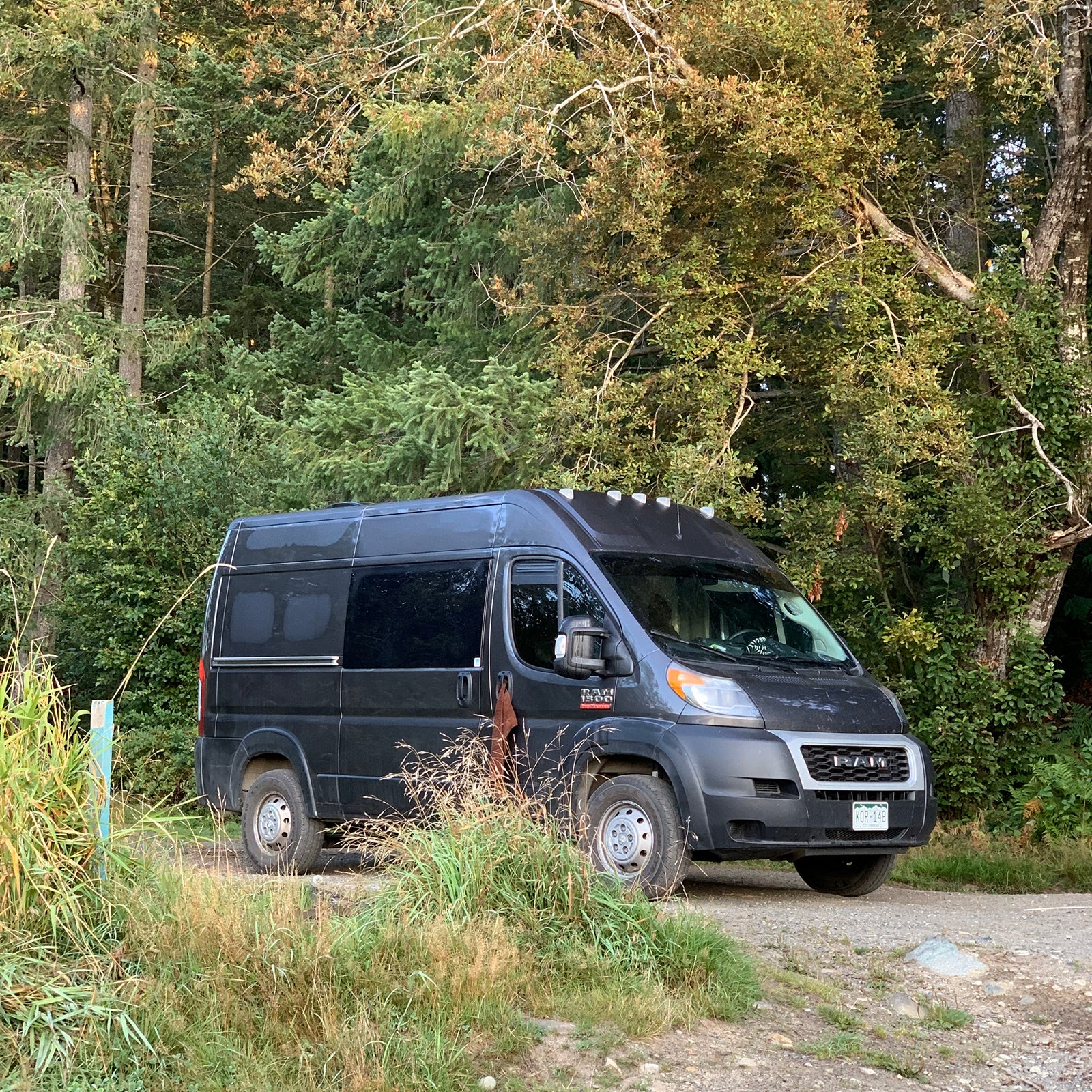 Dark grey RV rental camper van, a Ram ProMaster, parked on a gravel path near a dense forest.