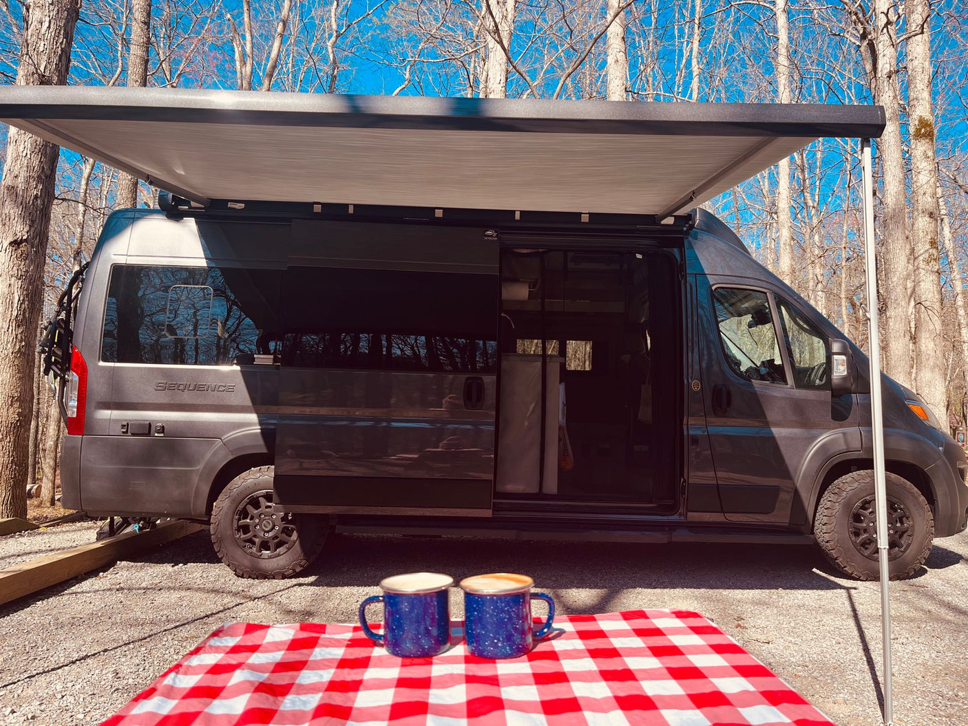 Enjoying coffee by our RV rental with the awning out. A grey camper van is parked under a bright blue sky among bare trees.