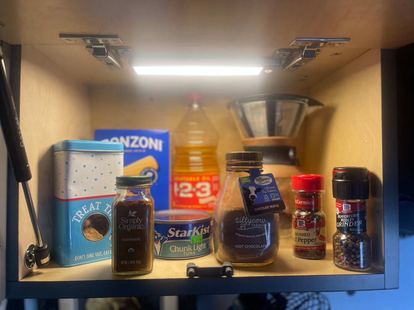 Inside a compact RV rental kitchen cabinet, various food items like spices, tuna, and pasta are neatly stored.