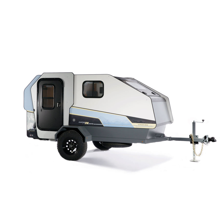 A modern white & grey teardrop travel trailer, ideal for your next RV rental camping adventure.