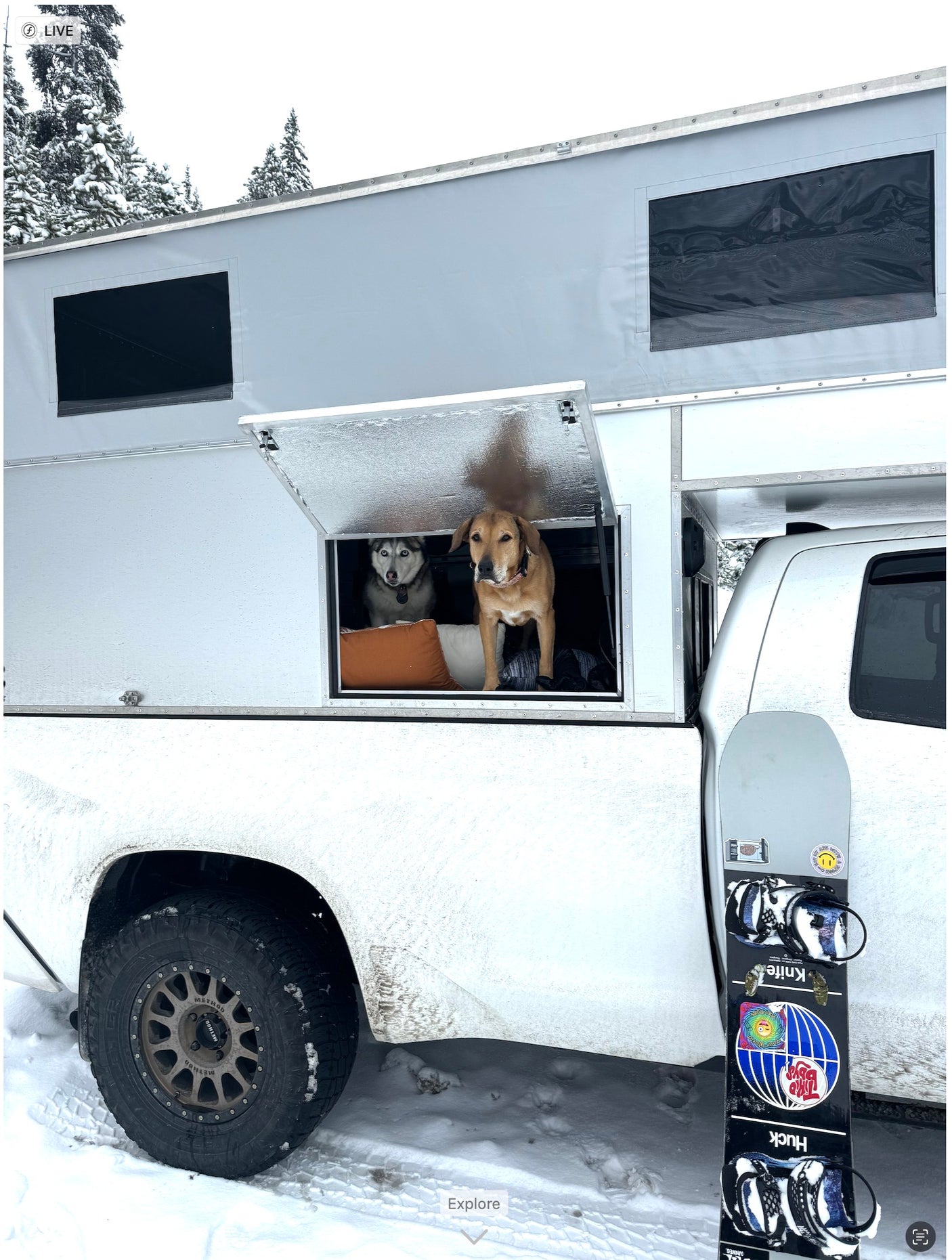 Snowy RV rental: Truck camper with two curious dogs looking out, snowboard ready for winter adventure.