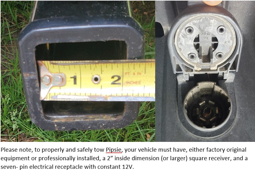 Image shows requirements for RV rental towing: a 2-inch hitch receiver and 7-pin electrical connector.