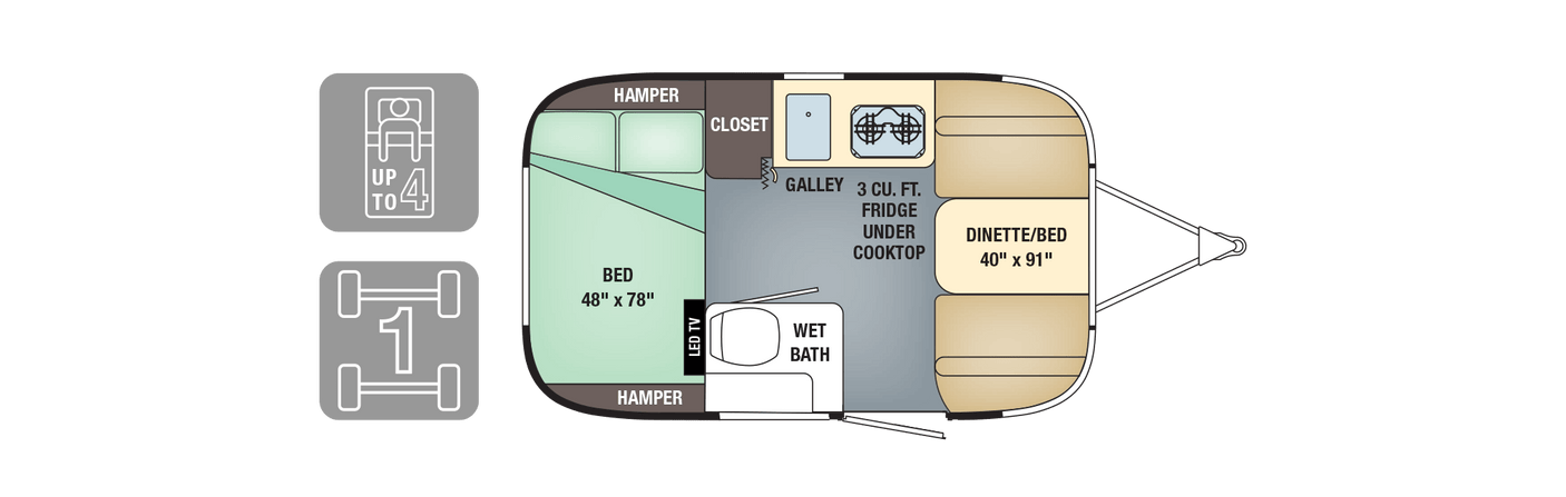 RV rental floor plan: Sleep 4 in this travel trailer's efficient interior with a galley, wet bath, and two convertible beds.