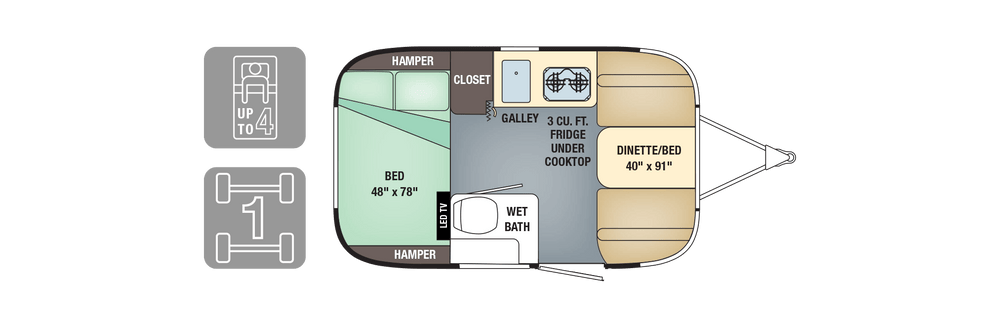 and a cozy bed area with light wood finishes.|Inside an RV rental: a compact bedroom with a bed