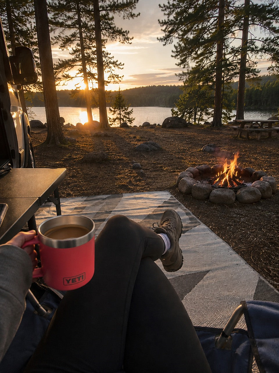 From a first-person perspective at our RV rental campsite, holding coffee, watching a lakeside sunset & campfire.