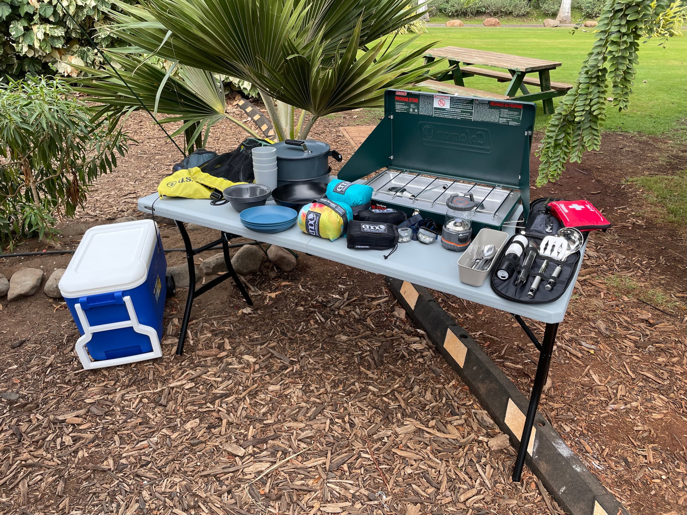 RV rental ready with essential camping gear: Coleman stove, cookware, cooler, and lights set up on a table for outdoor cooking fun.