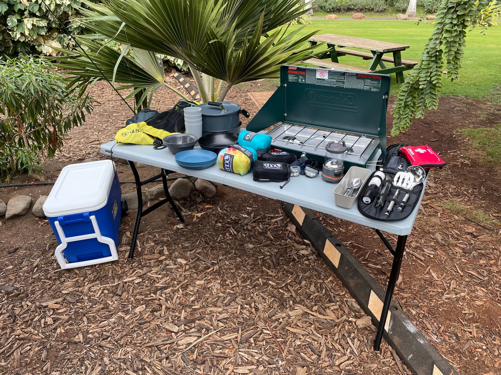 RV rental ready with essential camping gear: Coleman stove, cookware, cooler, and lights set up on a table for outdoor cooking fun.