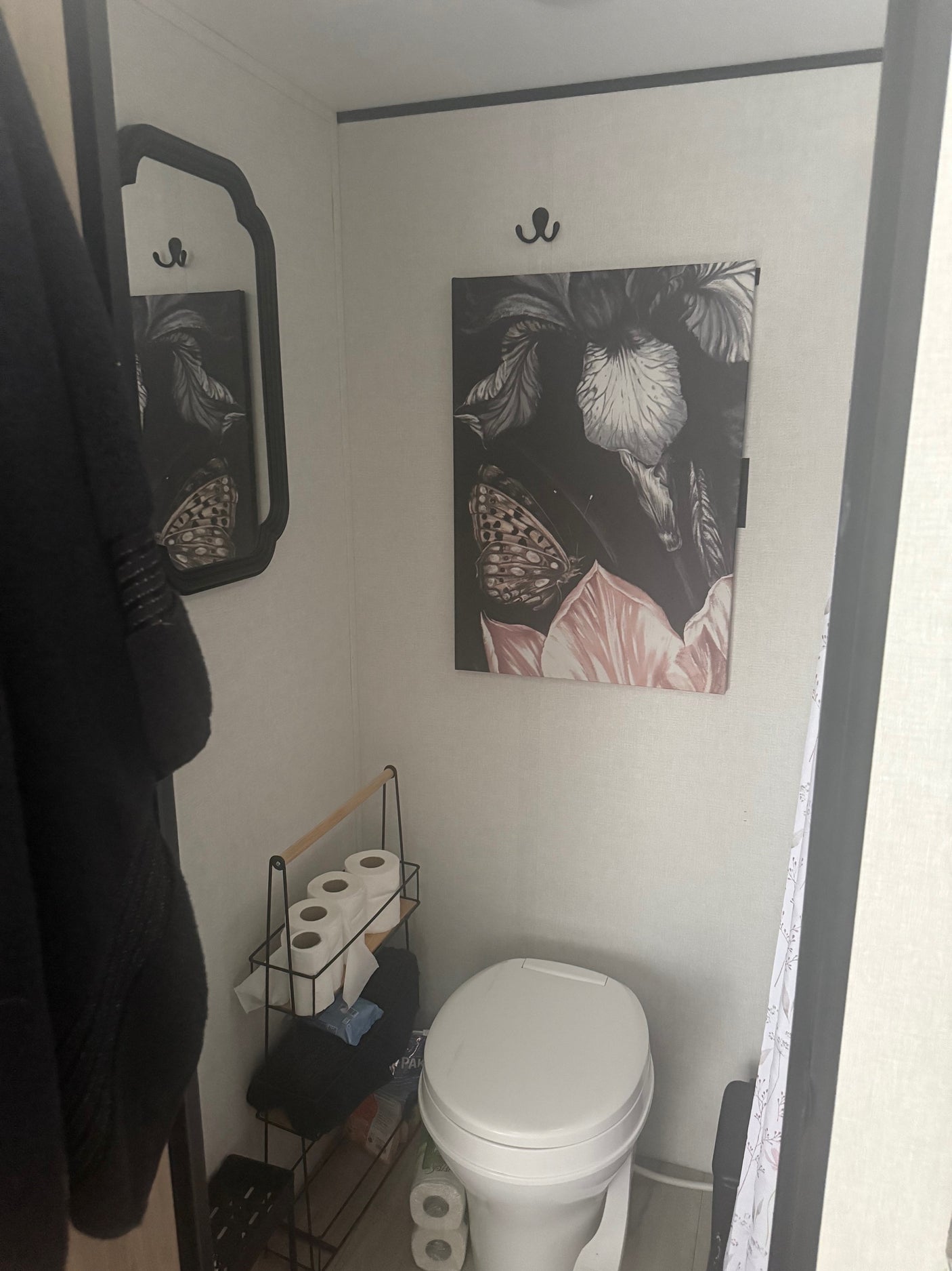 Compact RV rental bathroom with a toilet, decorative mirror, butterfly art, and practical toilet paper storage. Essential travel amenities.
