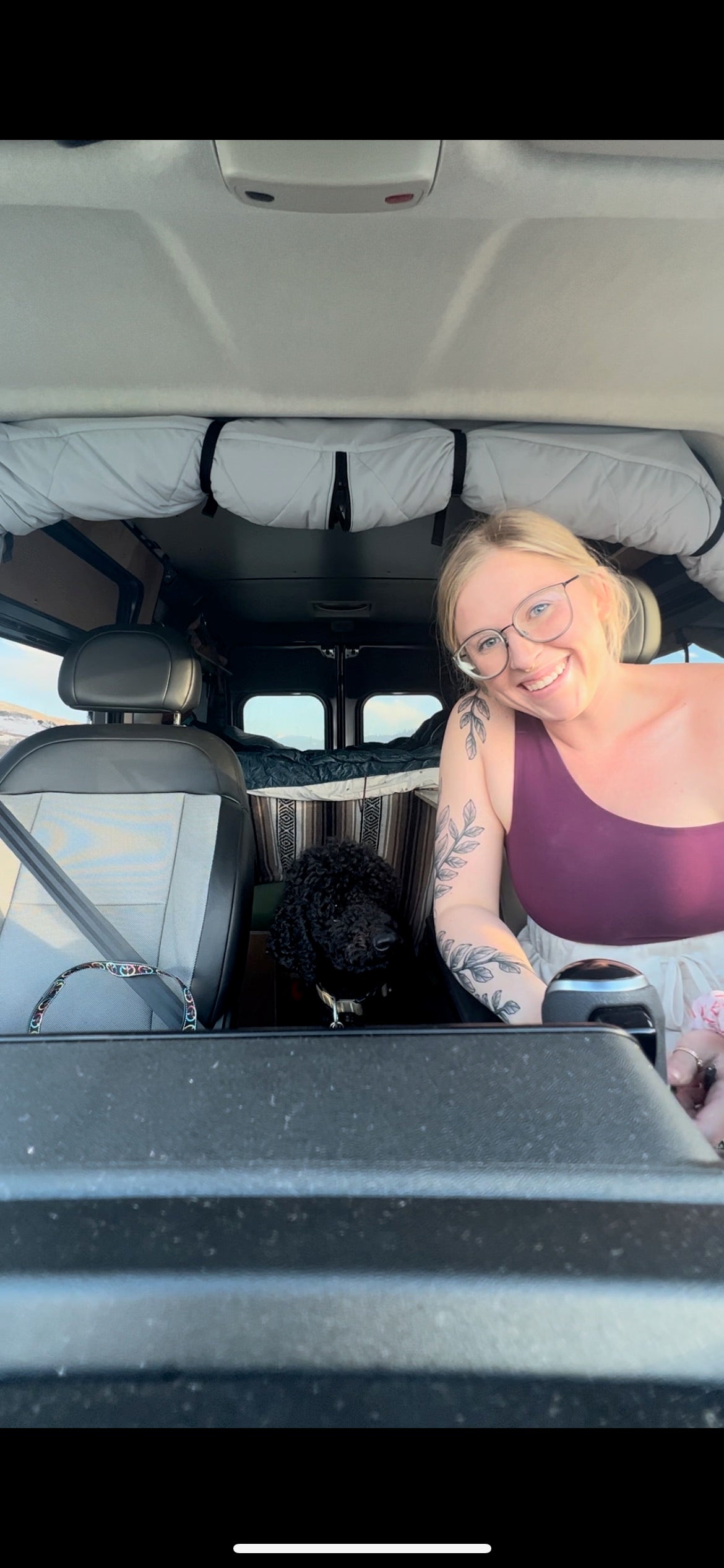 Smiling woman & black dog in their RV rental. Cozy camper van interior, perfect for pet-friendly adventures.