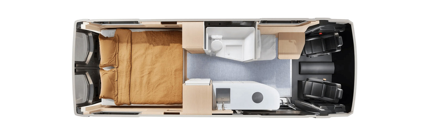 Detailed RV rental floor plan, overhead view. Features bed, bathroom, kitchen, and dining area.